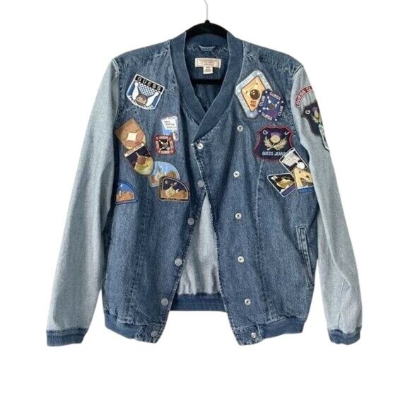 GUESS Originals Size M Asymmetric Denim Patchwork Bomber Jacket Jean - Picture 13 of 13